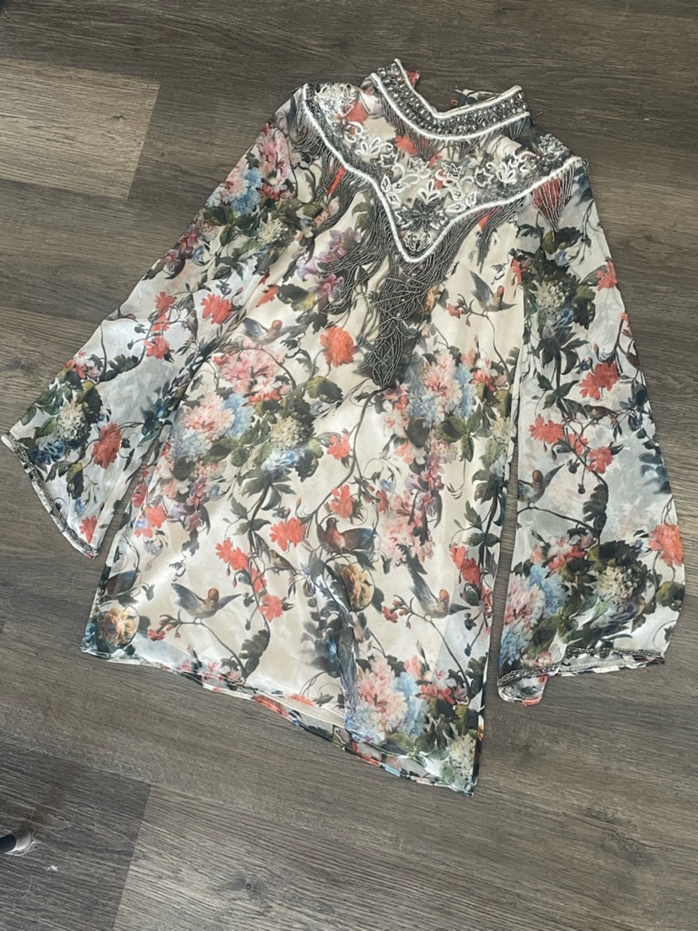 Floral Bird Print Sheer Blouse beaded collar - White/Multicolor haute hippie